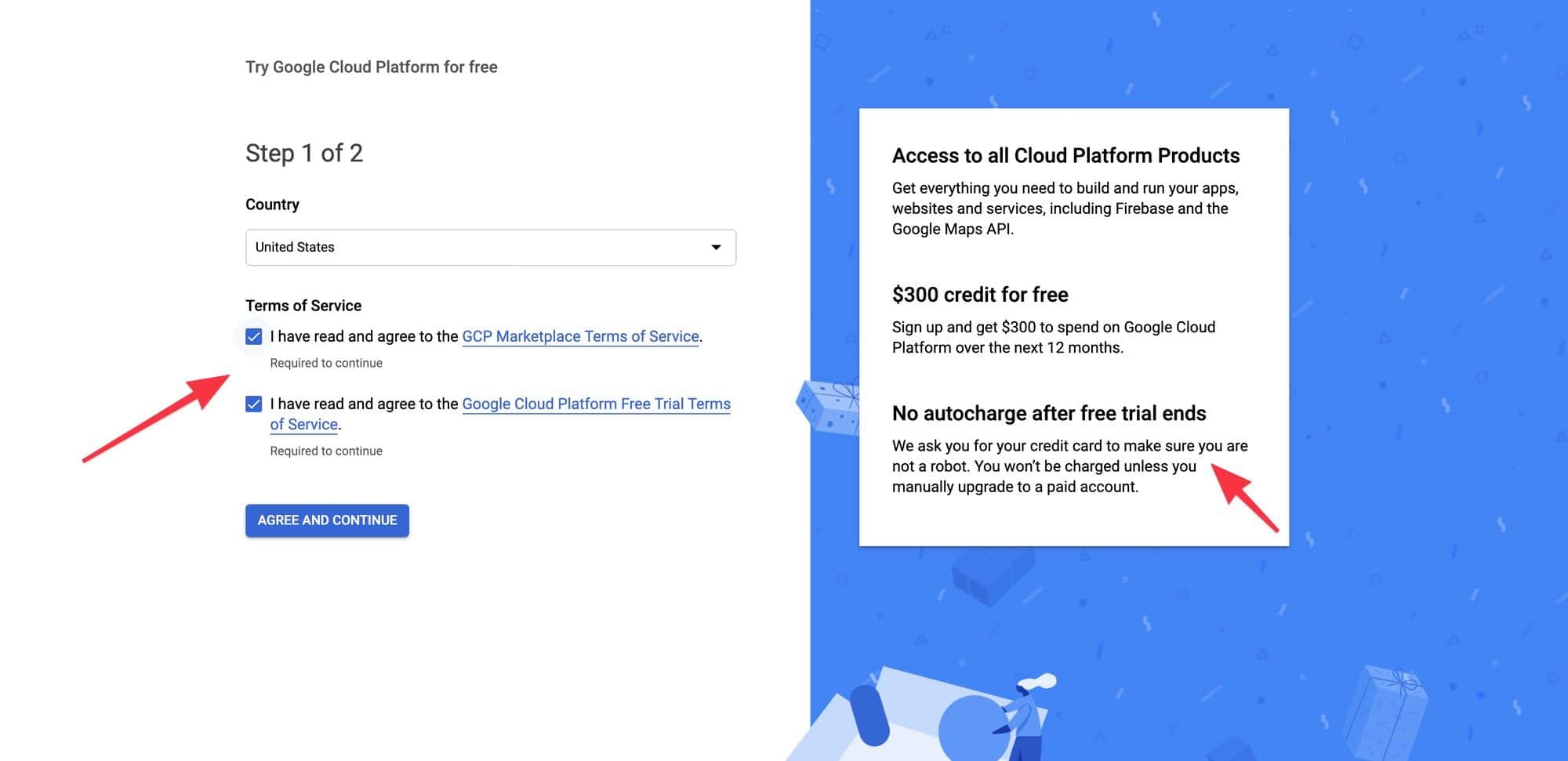 Google Cloud Platform signup page
