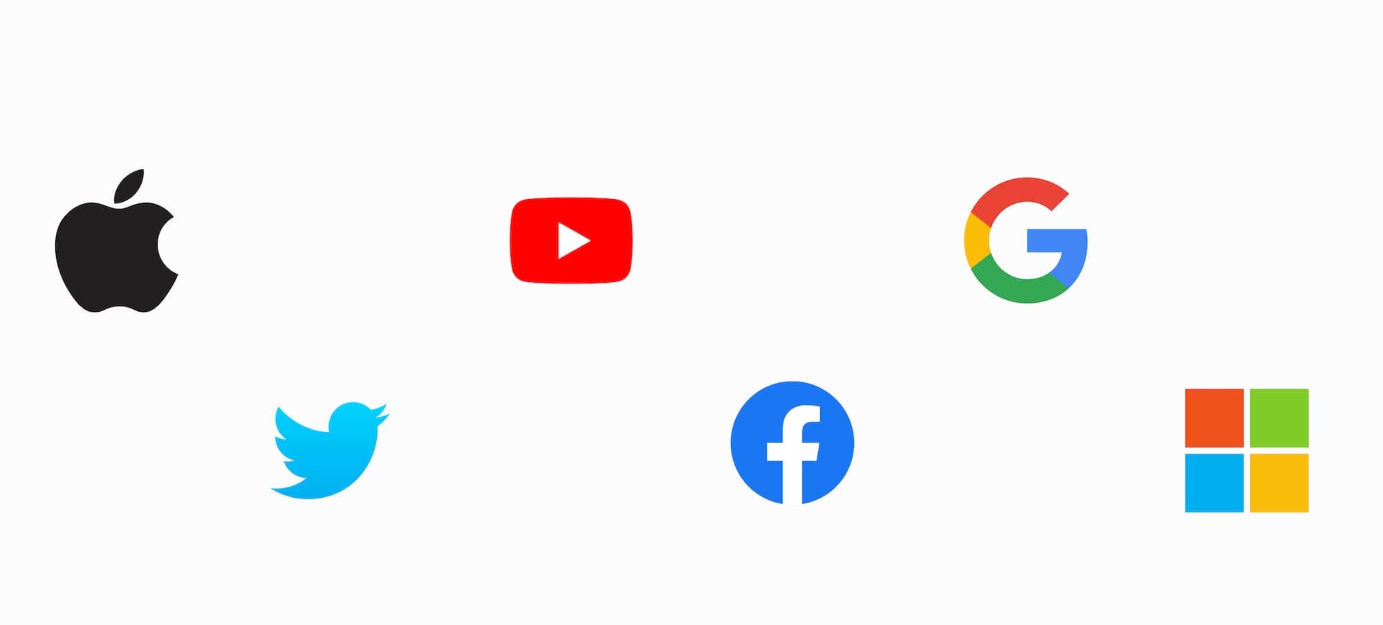 Brand symbols for Apple, Twitter, YouTube, Facebook, Google, and Microsoft
