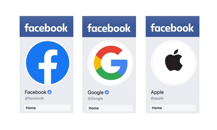 Twitter pages belonging to Facebook, Google, and Apple