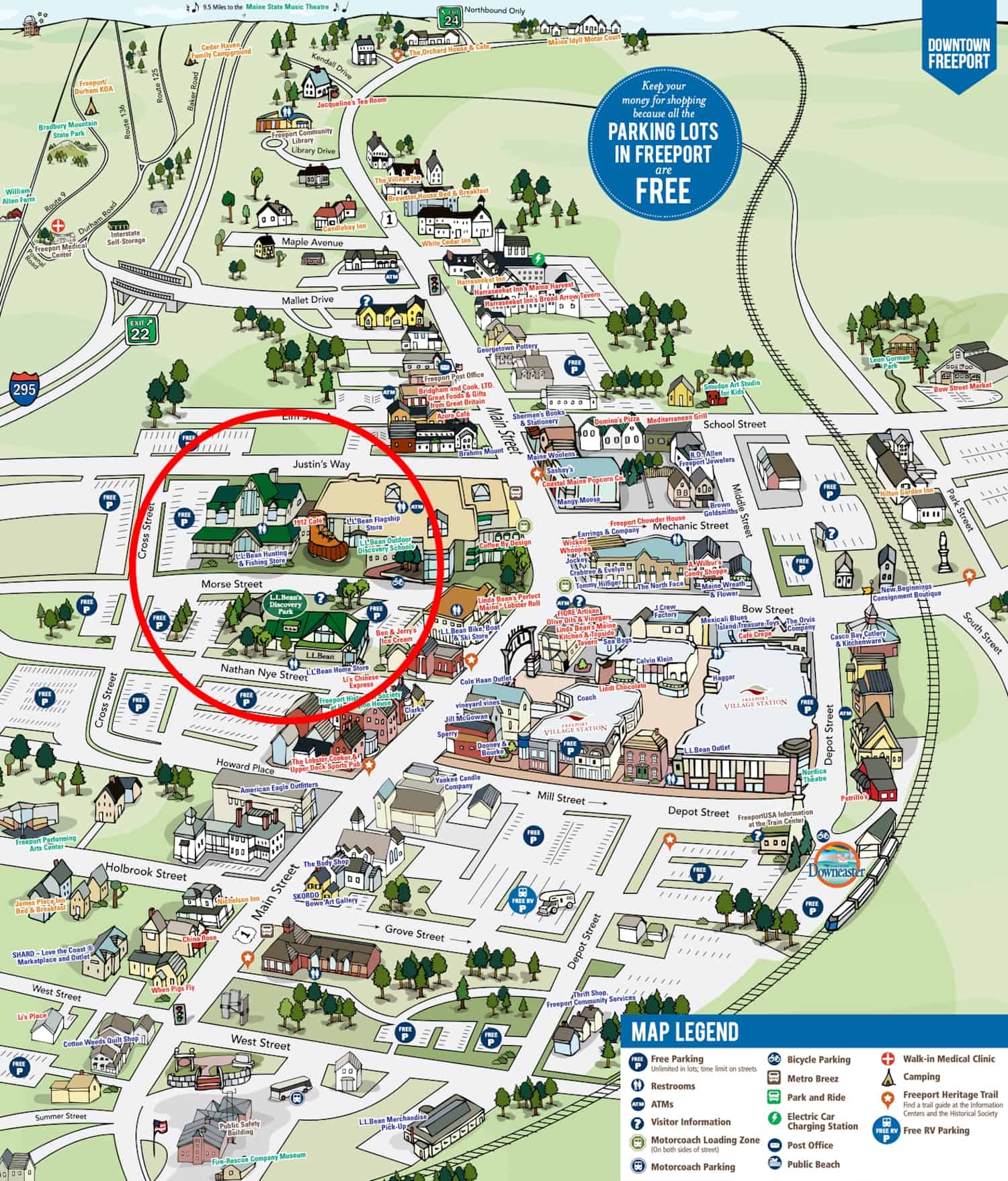 A map of Freeport Village in Freeport, ME.