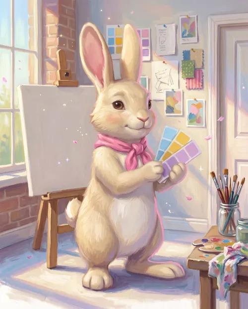 Bloom, a rabbit in a pink scarf, holds up paint swatches in a sunlit studio beside a blank canvas and a wall of pinned sketches.