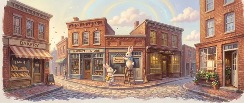 Juniper on a ladder hangs a fresh sign over a shop door on a curving brick street of storefronts, a bakery, a hardware store, and a law office, while Scout looks up from the sidewalk.