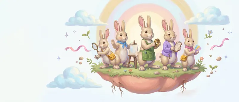 The five LEAP WORKS rabbits on a small floating island in a pale sky, each holding the tool of their trade: a magnifying glass, an easel, a brass gear, a clipboard, and paint swatches.