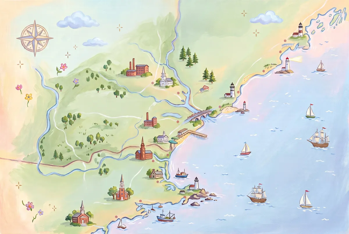 An illustrated storybook map of the coast LEAP WORKS serves, from the Massachusetts North Shore up through the NH Seacoast to Southern Maine, with mill towns, white steeples, lighthouses, and sailboats.