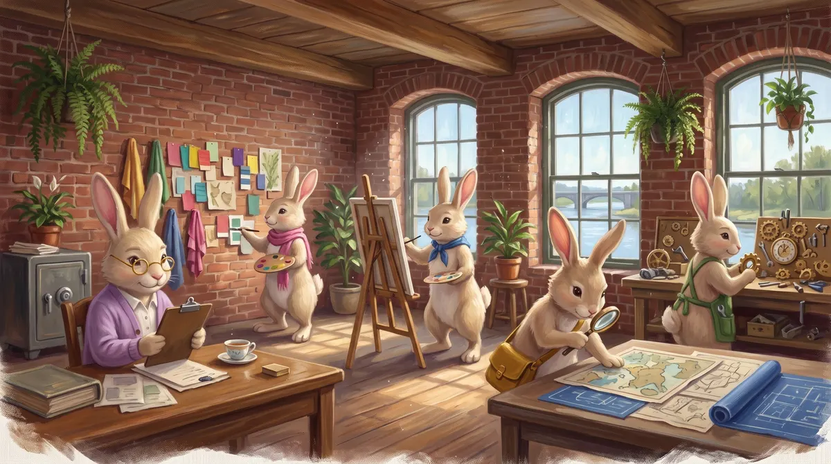 The five rabbits at work in a sunny brick mill studio with arched windows over the river: Sage at a desk with a clipboard, Bloom at a wall of pinned swatches, Juniper painting at an easel, Scout studying a map through a magnifying glass, and Sprocket at a workbench of gears.