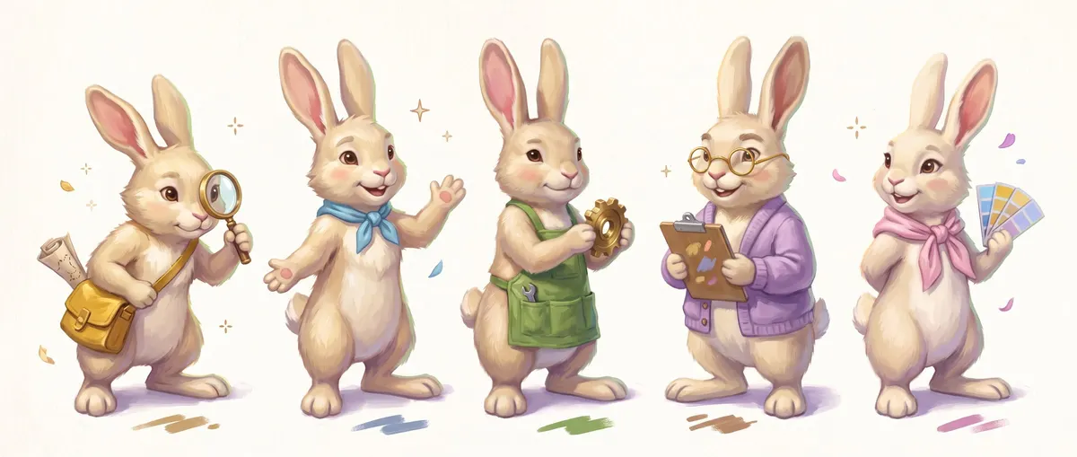 The five LEAP WORKS rabbits side by side: Scout with a magnifying glass, Juniper waving, Sprocket holding a gear, Sage with a clipboard, and Bloom with paint swatches.