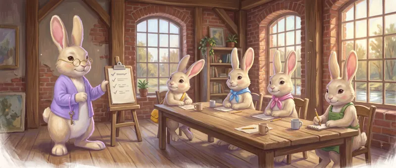 Sage, in glasses and a lilac cardigan, points to a checklist on an easel while the other four rabbits take notes around a long table in a brick-walled room.