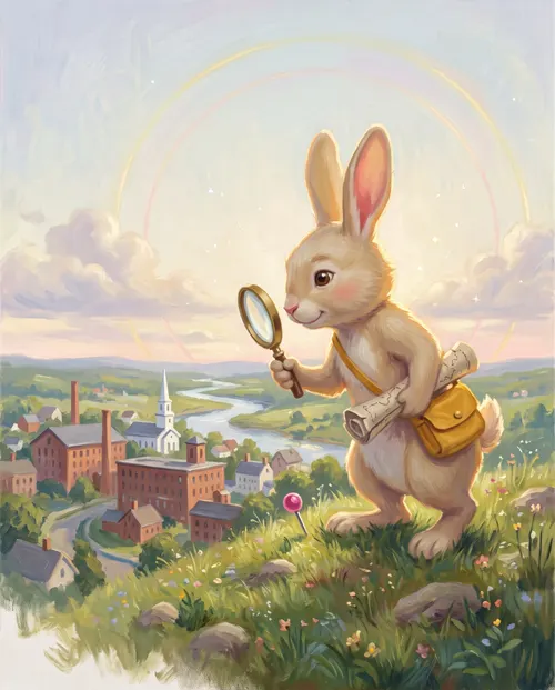 Scout, a rabbit with a satchel and a rolled map, looks through a magnifying glass from a hilltop toward a brick mill town and river below.