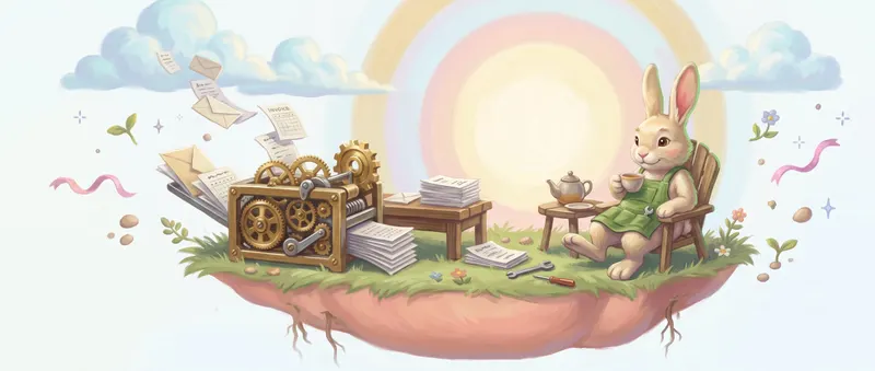 Sprocket sits back with a cup of tea on a floating island while a brass machine turns a flurry of letters into tidy stacks of paper.
